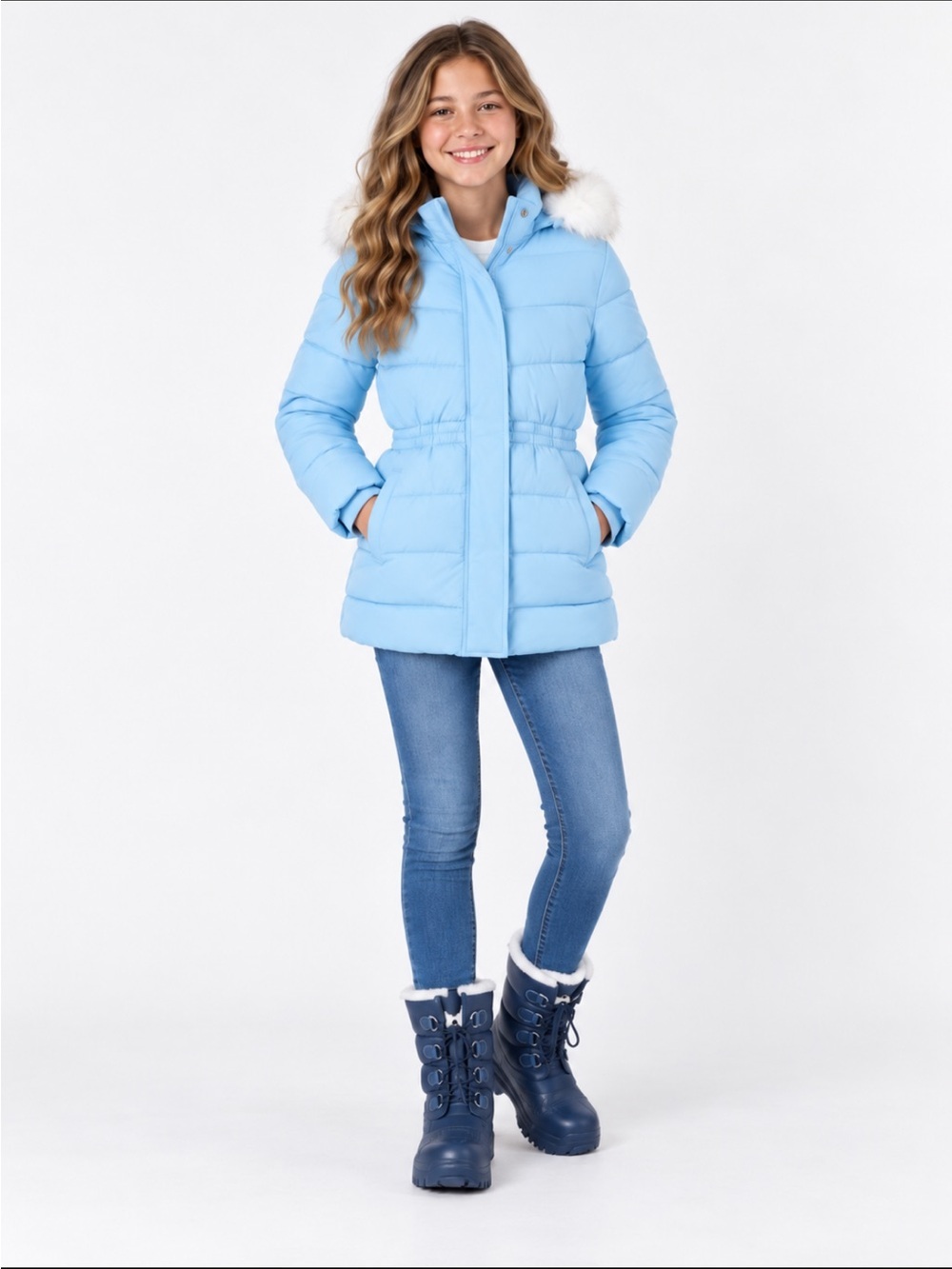 MEMBERSMARK Girls Blue Puffer Parka, Warm Fleece Lined Jacket w/Removable Hood